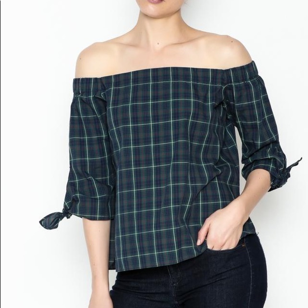 NWT Bailey 44 green plaid tartan off shoulder top